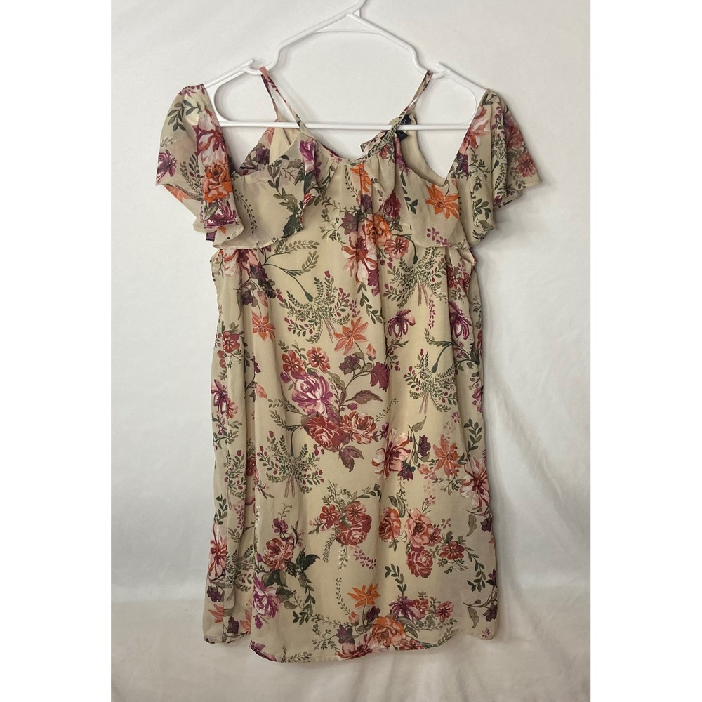 AS U WISH Floral Cold Shoulder Ruffle Dress Beige Pink Purple Orange Size S - Picture 9 of 10